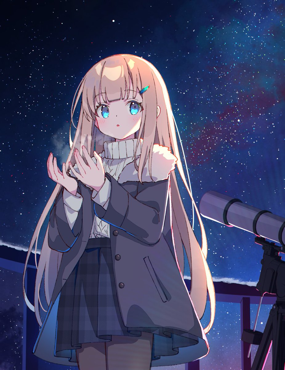 1girl solo telescope star (sky) long hair starry sky skirt  illustration images