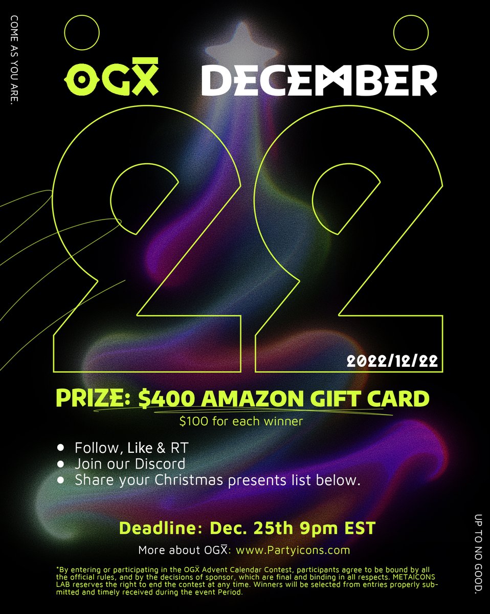 Christmas is just around the corner &amp; we are out of ideas for presents!  Show us your X̅mas presents list🧑‍🎄
 
Rules
✅Follow, ❤️ &amp; RT 
✅Join discord.com/invite/GuyYnDF…
✅Share your  🎁 list below
 
Rewards
4 X 100 USD Amazon gift card
 
#Giveaway #amazongiftcard #NFT #ETH #NFTs