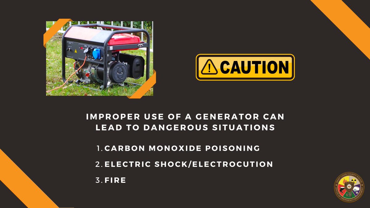 StlCoOEM's tweet photo. We are seeing an increase in power outages throughout the county. Please be cautious if you are going to be using an emergency generator.

Generators should always be used outdoors and at least 20 feet away from your house.

#WinterStorm #stlwx #Generator https://t.co/PAok5tCWQ0
