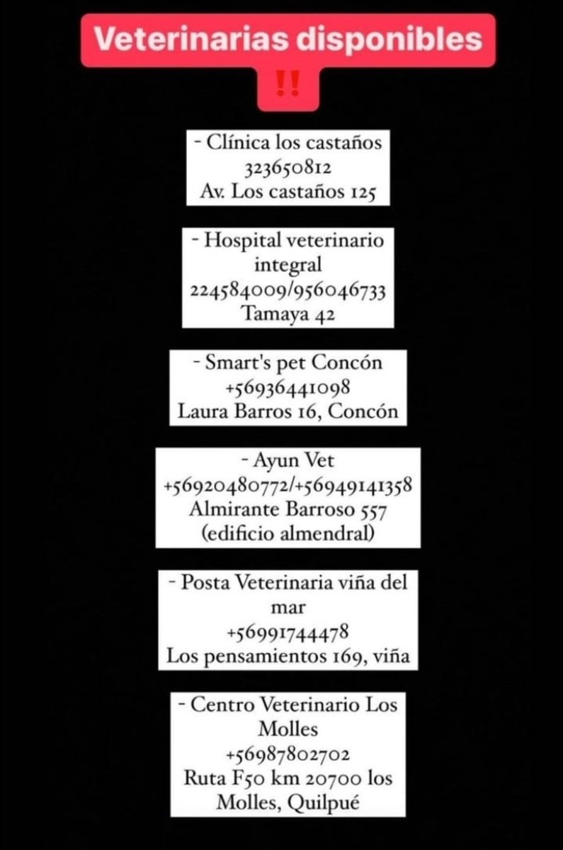 VetMercury's tweet photo. Más datos de lugares donde están recibiendo mascotas afectadas por el incendio y lugares de acopio de alimentos (tanto para los damnificados como alimentos de mascotas) 

#AlertaRoja
Felipe Camiroaga
#IncendiosForestales Tranque Sur
Quilpué
Puerto Ventanas
Quinta Vergara
Viña https://t.co/MnzbsjEZAU