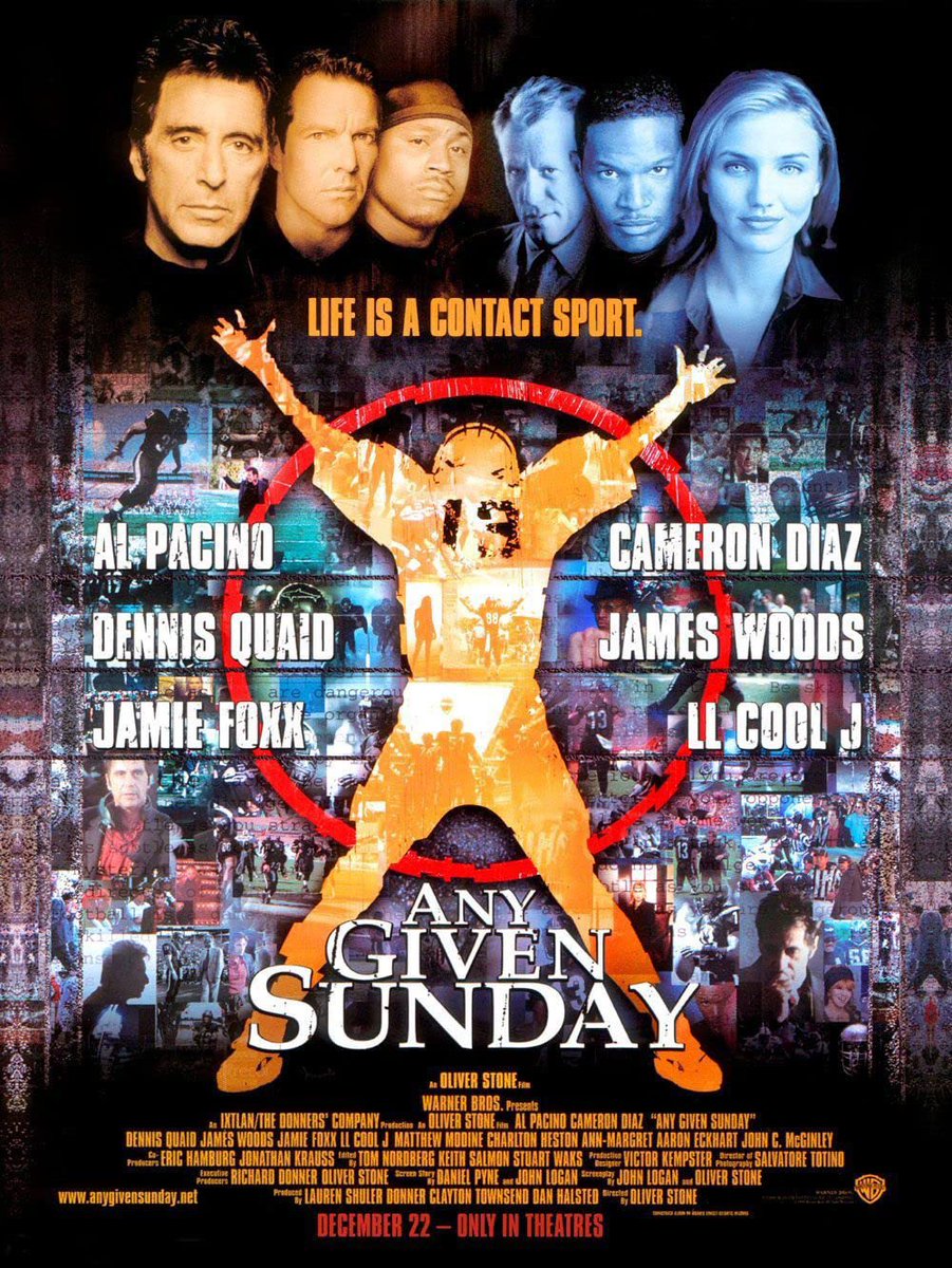 AuxGod_'s tweet photo. On this day in 1999, “Any Given Sunday” premiered in theaters and would gross $100.2M off a $55 Million budget

This a Top 3 Football film to you? 🤔 https://t.co/ObUEEFCiuG