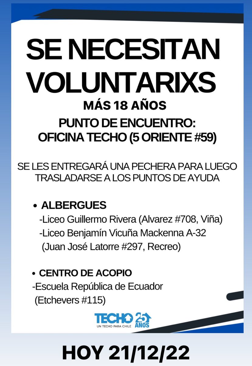 Desde TECHO-Chile están haciendo un llamado a voluntarios! Por si nos ayudan a compartir! +18 años #VinadelMar  #Incendio