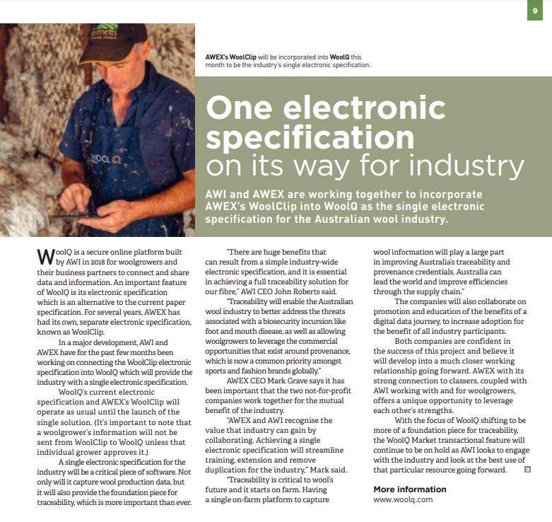 CollinsvilleAUS's tweet photo. Tech advancement & the tools we have access to as wool producers continues to amaze us.
@woolinnovation & @WoolExchange are working together to incorporate AWEX’s WoolClip into WoolQ as the single electronic specification for the #AusWool industry. https://t.co/DAIworoVXM https://t.co/jP1UYPmhwb