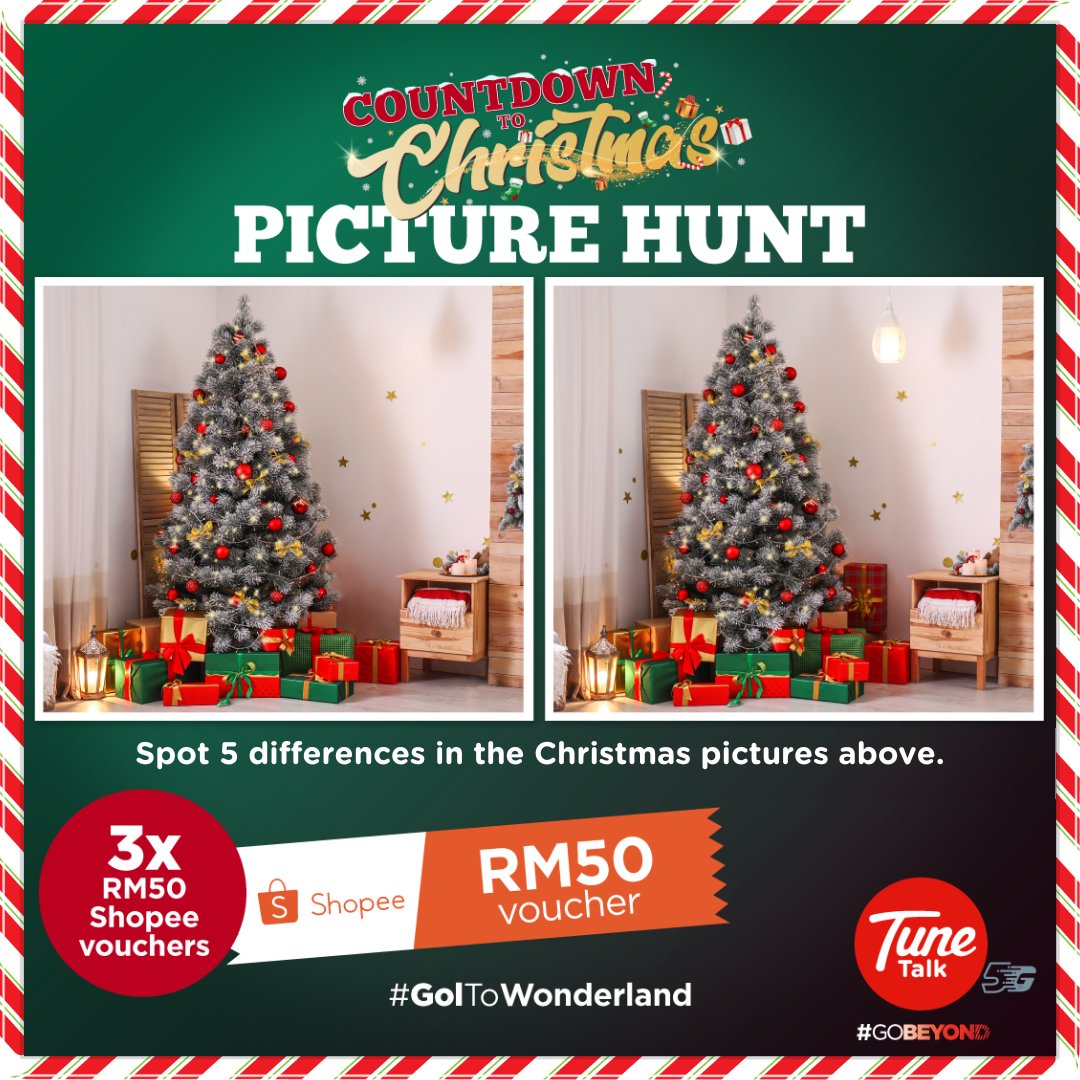 TuneTalk's tweet photo. CAN YOU SPOT THE DIFFERENCES? 👀🔎

Circle 5 differences, quote this tweet with your screenshot and stand a chance to win RM50 SHOPEE VOUCHER! Remember to include hashtag #GolToWonderland!🤩🛍

Contest ends at 11.59pm tonight. T&amp;Cs: https://t.co/KMlkiPpM22 https://t.co/b4pkf6nFSX