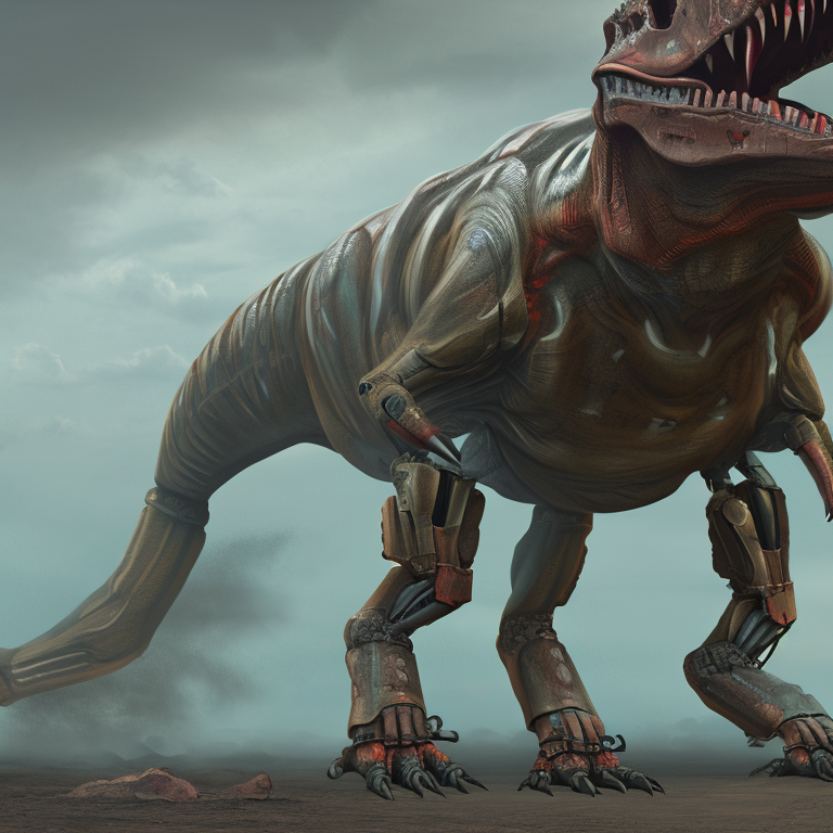 CREAIT_OFFICIAL's tweet photo. Digital painting of a cyborg T-Rex in a post apocalyptic wasteland, highly detailed, 4k resolution, artstation #digital_painting #cyborg_T-Rex #post_apocalyptic #wasteland #4k_resolution #artstation #aiart #aigeneratedart https://t.co/QzshKxmg1N