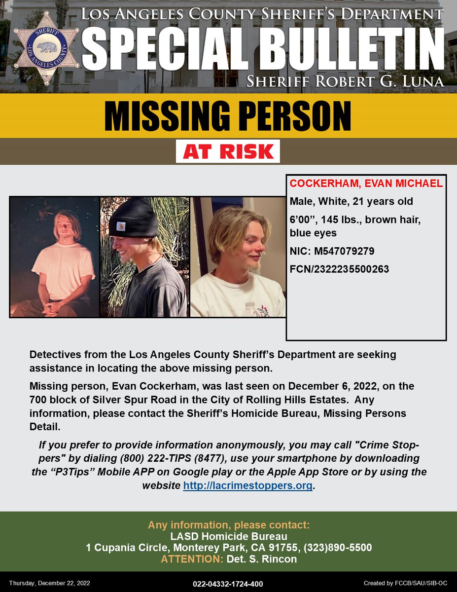 LASDHQ's tweet photo. #LASD is Asking for the Public’s Help Locating At Risk Missing Person Evan Michael Cockerham #RollingHillsEstates

https://t.co/DyhHL4eLIt

Missing Persons Detail (323) 890-5500 or Anonymously (800) 222-TIPS(8477) https://t.co/1uIrQj6SY0 https://t.co/4L9BEPjnQw