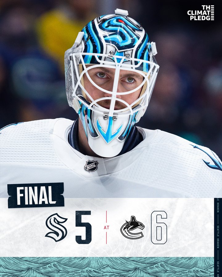 kraken final score graphic kraken 5, Canucks 6 using a photo of Martin jones