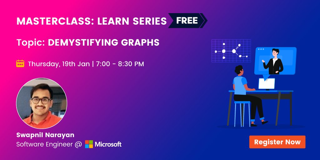 skillenza's tweet photo. Hey #students

Are you familiar with graphs?
If not, then

Let's learn about graphs with Swapnil Narayan, Software Engineer at Microsoft.

So come join us from 7 to 8:30 pm on 19th January 2023. 

Register Now:- https://t.co/BrAzEEvX86

Don't forget to register students. https://t.co/14TpAxHFyR