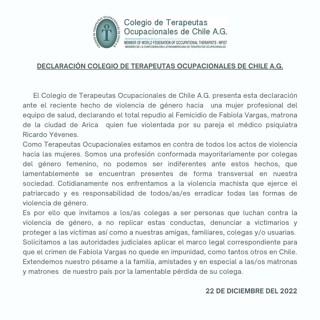 ChileColto's tweet photo. Declaración Colegio de Terapeutas Ocupacionales de Chile A.G @ChileMatrones #NomásFemicidios https://t.co/LxnC5TsJv0