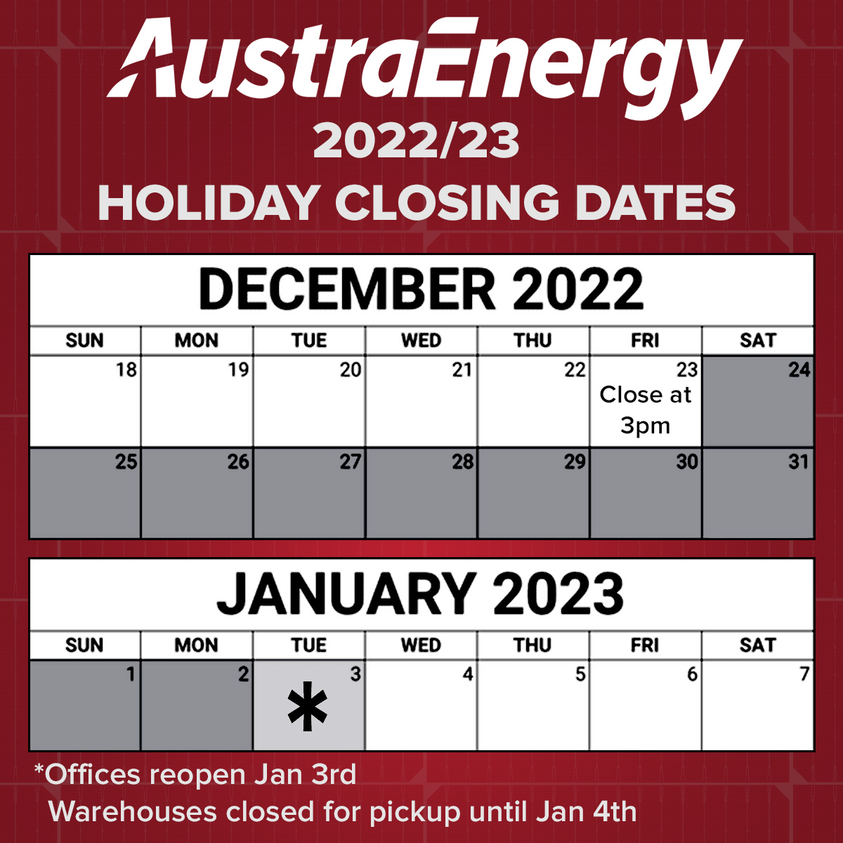 We are closed over Christmas/New Years, with our last day for the year being Dec. 23rd. Our offices will reopen on Jan. 3rd, however our warehouses will not open for pickup until the following day on Jan. 4th.

Thank you to all for an amazing 2022 and we look forward to 2023.