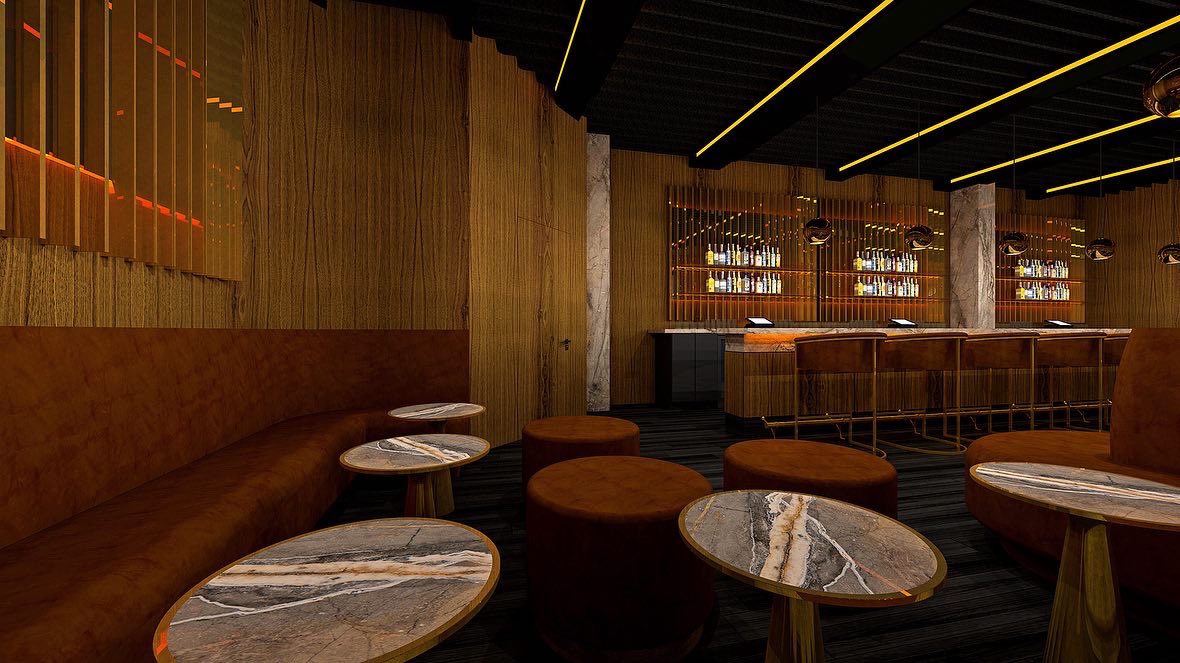 slickdesignusa's tweet photo. Our new speakeasy lounge is underway at a new hotel location in Detroit. These modern vibes include the the warm tones and our signature pop of orange. The colors, finishes and details are the essence our design philosophy. @RoccoLaudizio #interiordesign #architecture #designers https://t.co/FjXDb6Ch35