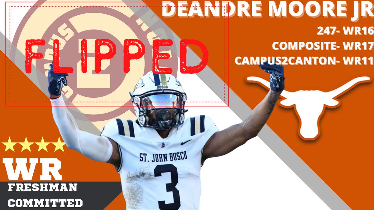 campus2canton's tweet image. WR, DeAndre Moore Jr. flips from Louisville to Texas! Great recruiting win for Sark and the #Longhorns check out our thoughts on our WR11 here! #SigningDay #SigningDay2022 #HookEm 

youtu.be/jY3-nUGDg88