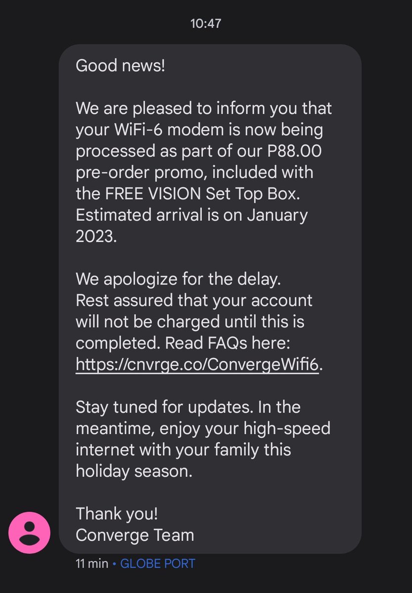 bobreyes's tweet photo. Sa mga Converge subscribers na nagpre-order ng WiFi6 modems at PHP88/month promo, here's an update I received via SMS... Medyo bomalabs lang... Ibig bang sabihin may kasamang (libre) VISION Set Top Box na din? #ConvergeICT #InternetPH #PHInternet https://t.co/A0At15Xn9b