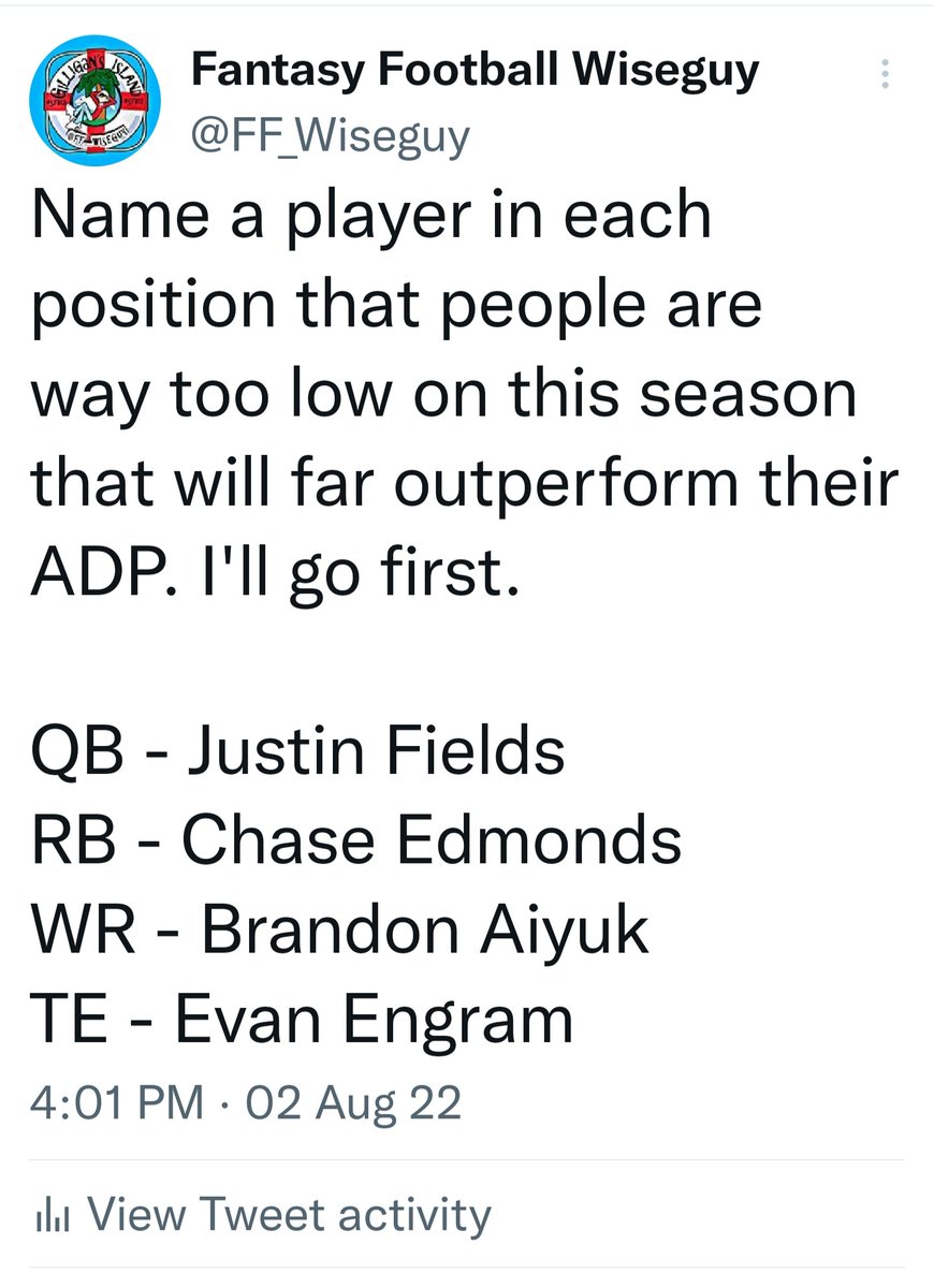 I was high on Evan Engram back in August just knowing the success that Doug Pederson had with TEs in the past. Fields was also a good call. Just don't pay attention to the Chase Edmonds take. Lol.