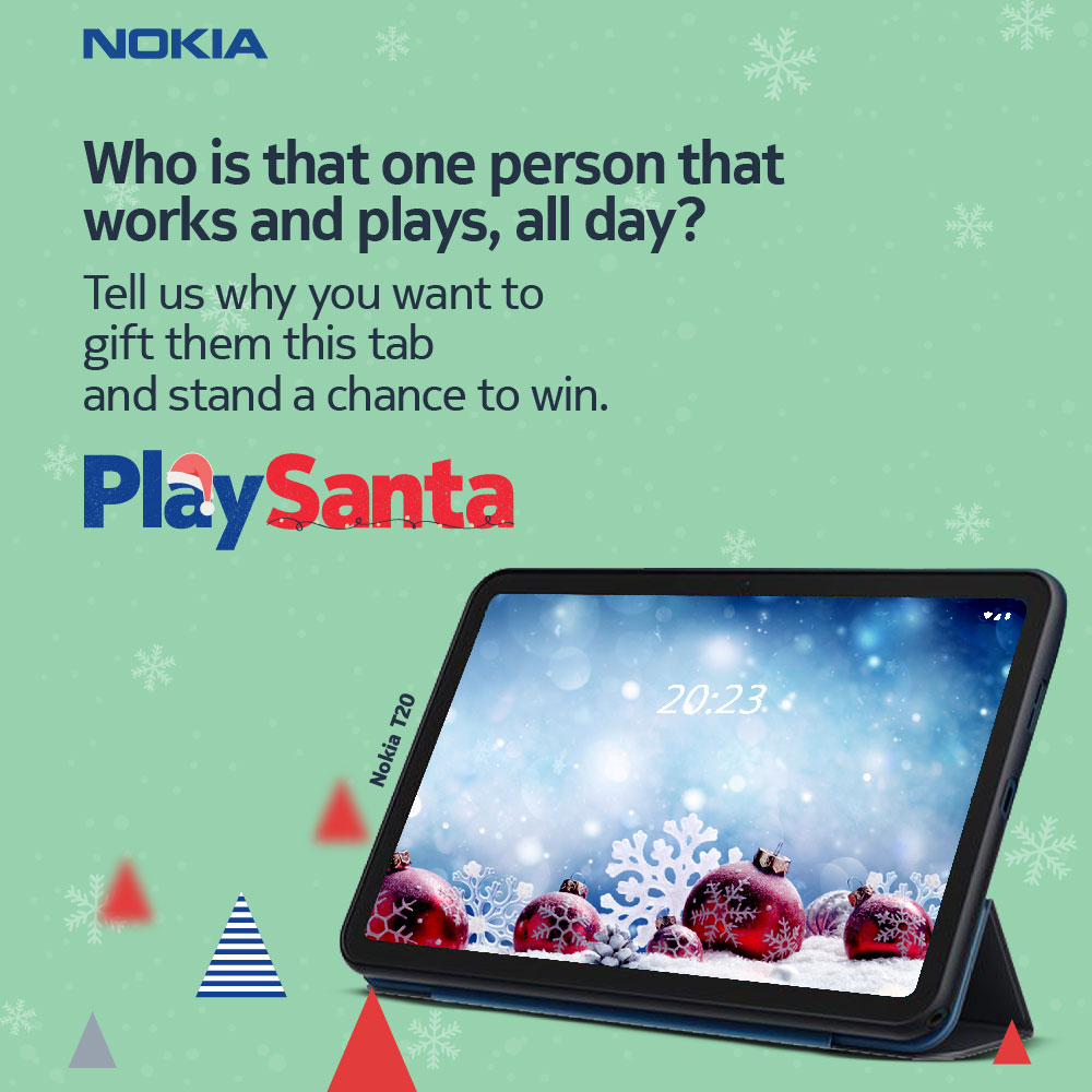 HMDdevicesIN's tweet photo. Tell us who should have a Nokia T20 and why? Use #WinWithNokiaDevices, share why you want to gift thus to someone who loves to work and play, and stand a chance to win a Nokia T20 for them.

TnC: https://t.co/gSpdTxdvVE

#WinWithNokiaDevices #PlaySanta #NokiaT20 https://t.co/clbYSBAqxr