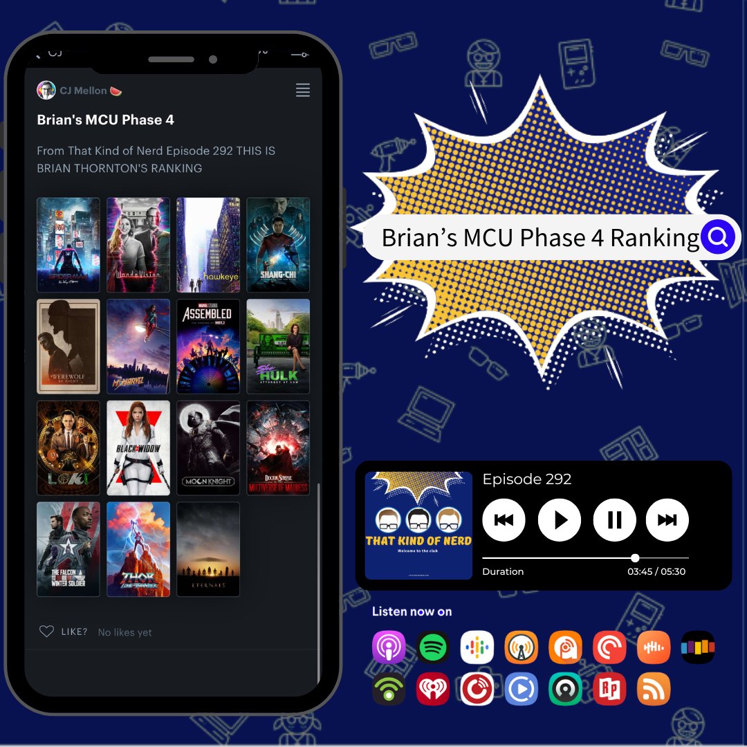 ThatKindOfNerd's tweet photo. On this week's episode of That Kind of Nerd, we weren't surprised to see that Brian and Josh had the same top 3 in their rankings for Phase 4 of the #MCU. What do you think of their choices? Be sure to listen to the latest episode and let us… https://t.co/2TeKogh4nn https://t.co/khDf3SPimZ