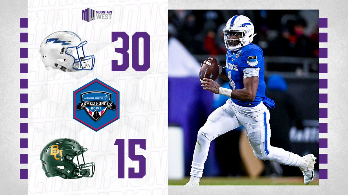 MountainWest's tweet photo. 𝗖𝗛𝗔𝗠𝗣𝗜𝗢𝗡𝗦
✅ Undefeated against the Autonomous 5 since 2019 (5-0)
✅ Three straight wins over the A5 in bowl games
✅ 30+ points scored in every bowl game since 2014
@AF_Football wins the @ArmedForcesBowl ⚡️
#AtThePeak | #FlyFightWin | #BowlForTheBrave https://t.co/qxjrGZwmol