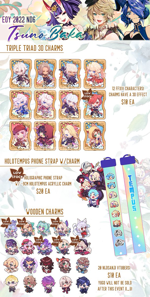 Extremely last minute catalogue for EOY tomorrow :'D!
I'll be at Booth ND6 with Tribby and Eiko!
Have new designs and I've restocked all sold out items but they're in small quantities so please come get them early to not miss out ;w;!

#FFXIV #FF14 #NijisanjiEn 