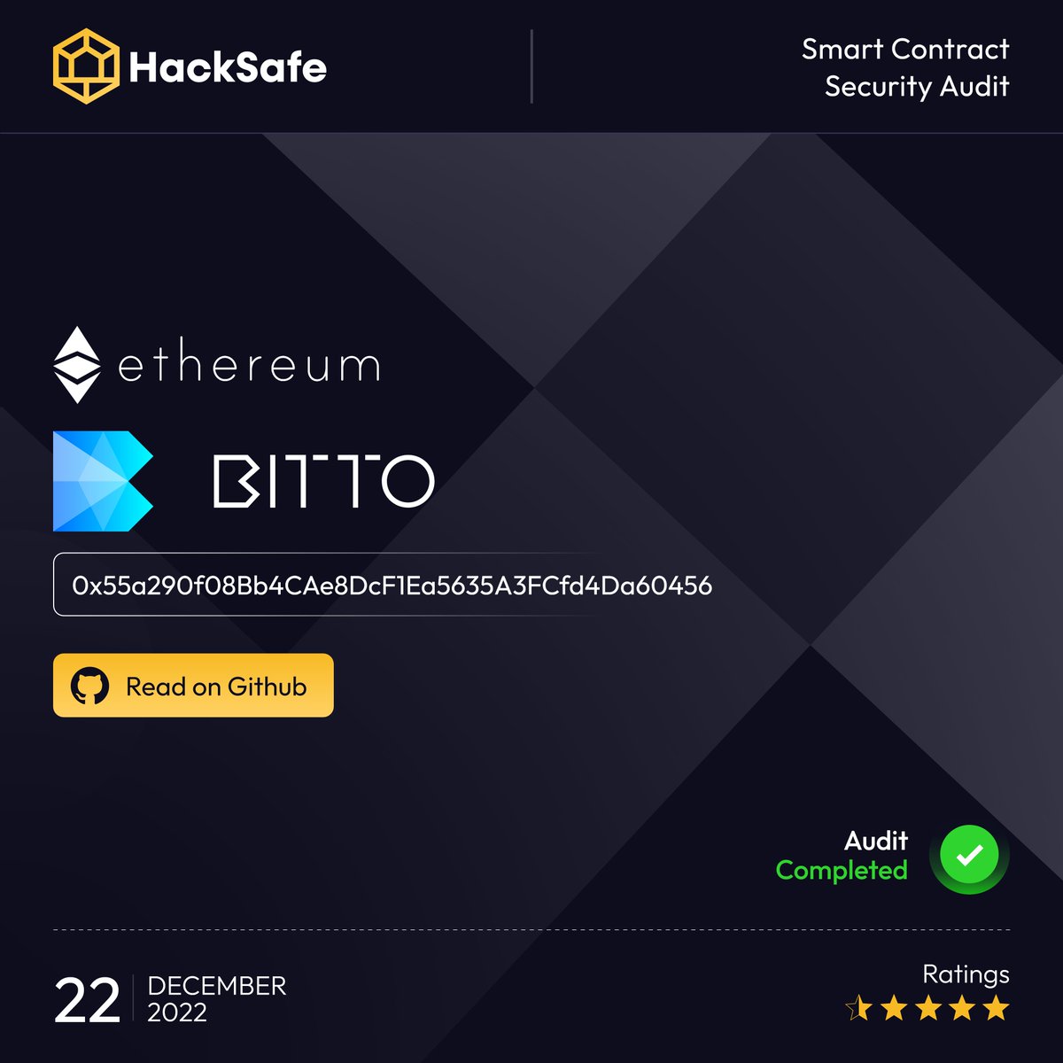 Hacksafe_'s tweet photo. Security audit for the Smart Contract Of BITTO has been completed by #HackSafe ✅
Request our service at : https://t.co/0BFgtFmKLC
Read BITTO Audit report : https://t.co/M2oP3Mexji
Know more about : https://t.co/cXiaDO40GX
#Smartcontract #audit #cryptocurrency #ETH https://t.co/A4lPUWU6DK