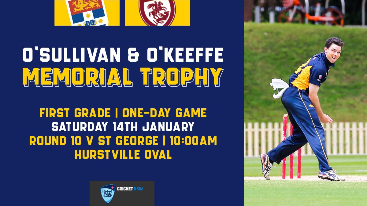 SUCC1864's tweet photo. Round 10 sees the fixture between Sydney University and St George

First Grade will be playing for the O’Sullivan / O’Keeffe Memorial Trophy

📍 Hurstville Oval
🗓️ 14th January 2023
⏰ 10:00am

St George hold the trophy from last year, let’s bring it home to Sydney University! https://t.co/hFjBoHuNDn