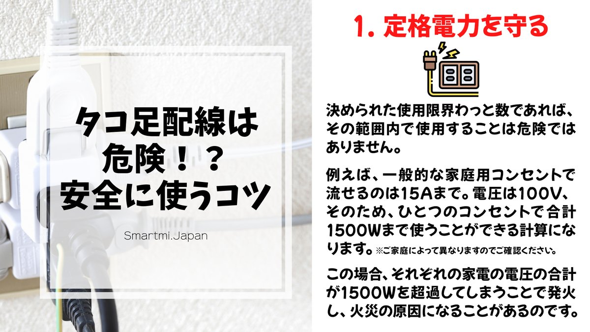 SmartmiJ's tweet photo. 🏡┊タコ足配線は危険！？安全に使うコツ

【定格電力守る】
決められた使用限界ワット数であれば、その範囲内で使用することは危険ではありません🙅‍♀️

それぞれの家電の電圧の合計が1500Wを超過してしまうことで、発火し、火災の原因になることがあるのです🏠🔥🚒💨💦 https://t.co/oep3P3XsRs