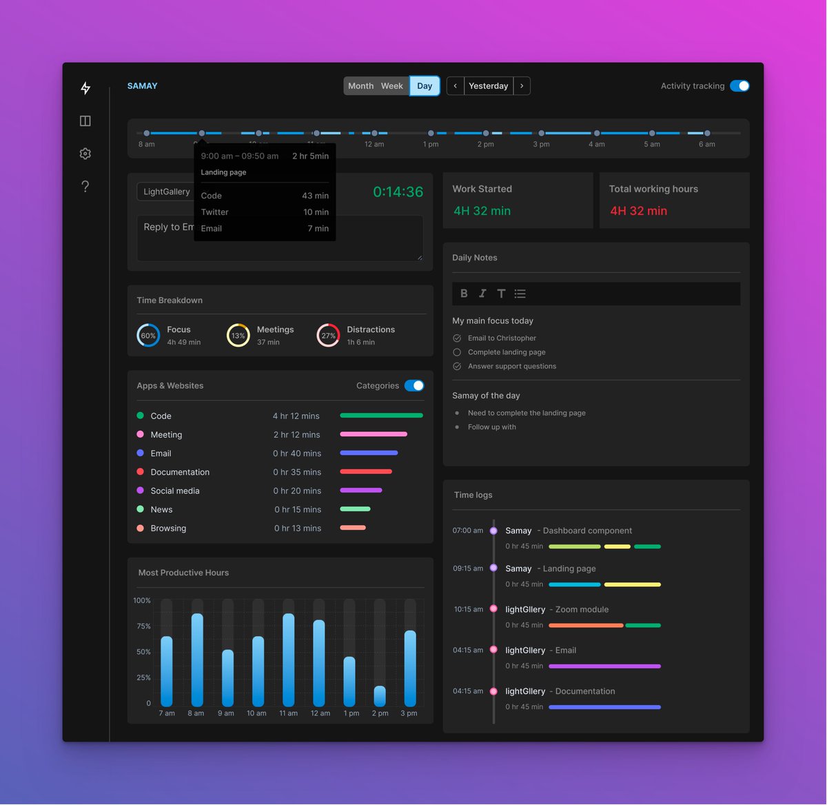 SachinNeravath's tweet image. Finally, It's ready for private beta! 🚀🚀🚀
Meet timeMaster - A privacy-first, Ai based time-tracking tool that helps you improve your focus and productivity.
Please reply below or DM me if you'd like to try it. I'll share the link to download the app.