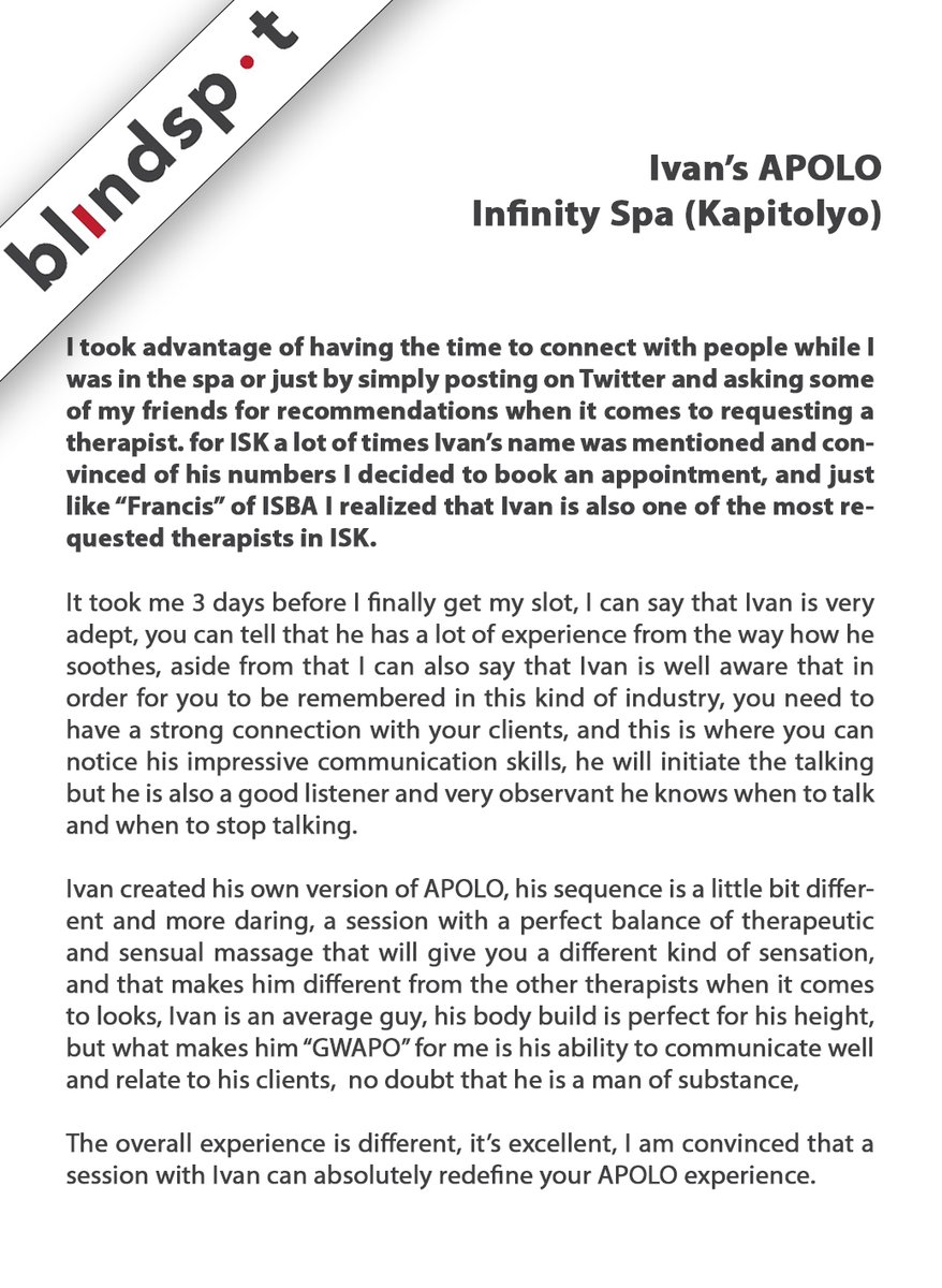TheBlindSpotPh's tweet photo. IVAN (@Dig_Bick007) of @infinity_spa_ph (Kapitolyo) the man who can redefine your APOLO experience.
send me a DM for more info and
don't forget to FOLLOW and RETWEET for more exciting and interesting reviews,
#TheBlindSpot #TBSReview #TBS2022
#InfinitySpa #ISK https://t.co/zqB2SyPOA6