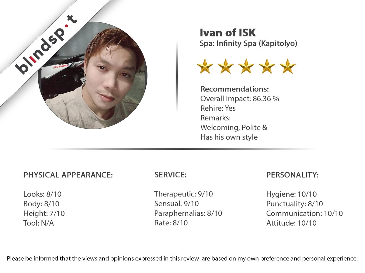 TheBlindSpotPh's tweet photo. IVAN (@Dig_Bick007) of @infinity_spa_ph (Kapitolyo) the man who can redefine your APOLO experience.
send me a DM for more info and
don't forget to FOLLOW and RETWEET for more exciting and interesting reviews,
#TheBlindSpot #TBSReview #TBS2022
#InfinitySpa #ISK https://t.co/zqB2SyPOA6