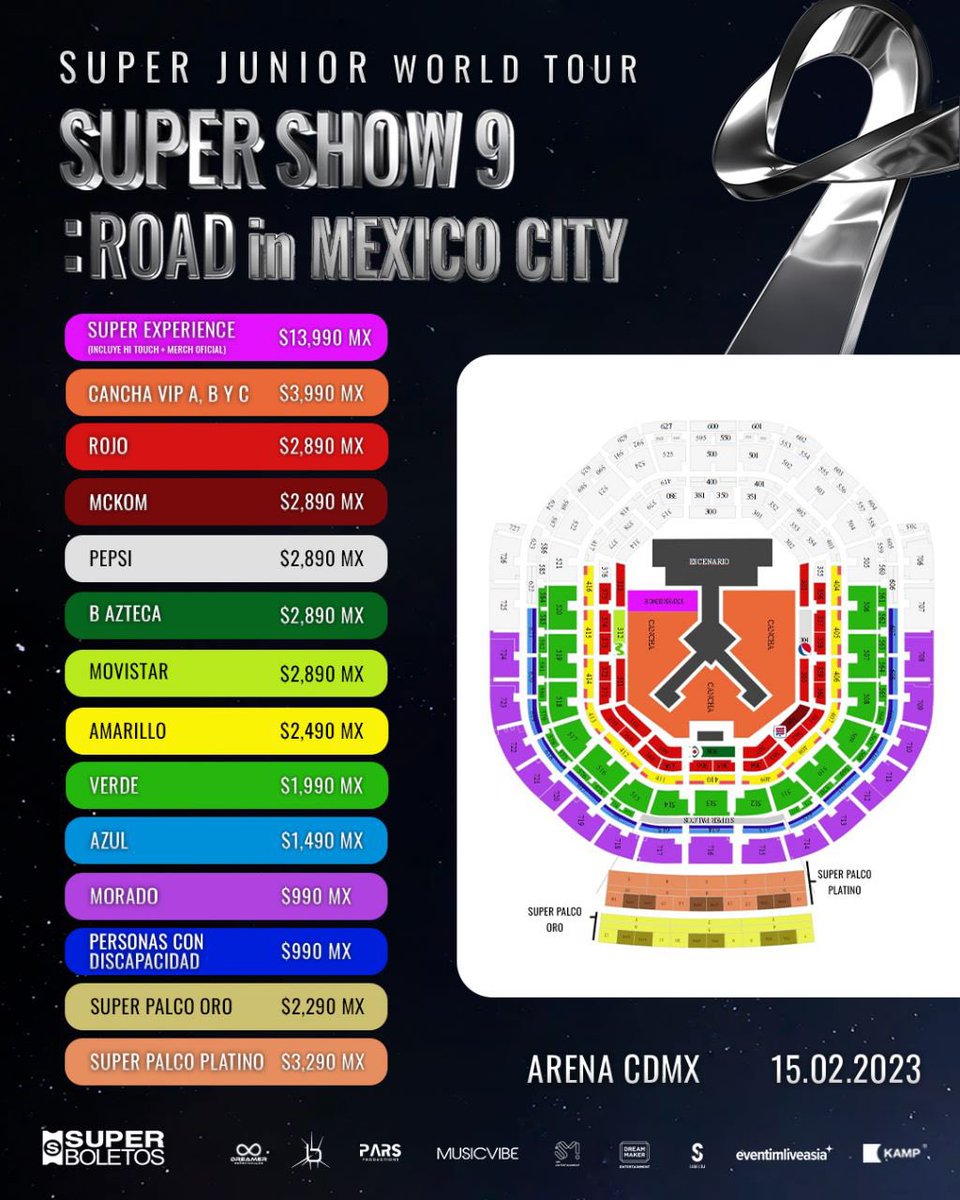 Musicvibe_mx's tweet photo. Te compartimos el mapa de precios para vivir el show de Super Junior en la Arena CDMX, este próximo 15 de febrero de 2023. 

Los precios publicados no incluyen cargos por servicio.  
Venta general: Viernes 23 de diciembre a las 11:00 horas (hora CDMX) a través de Superboletos https://t.co/a2F5yrltuX