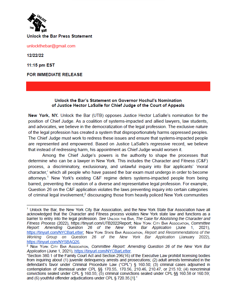 UnlockTheBarNY's tweet photo. Unlock the Bar opposes @GovKathyHochul's nomination of Justice LaSalle for Chief Judge of the New York Court of Appeals. Read our statement here: https://t.co/bHilAJjrgf. #NoOnLaSalle https://t.co/W8L65GuktN