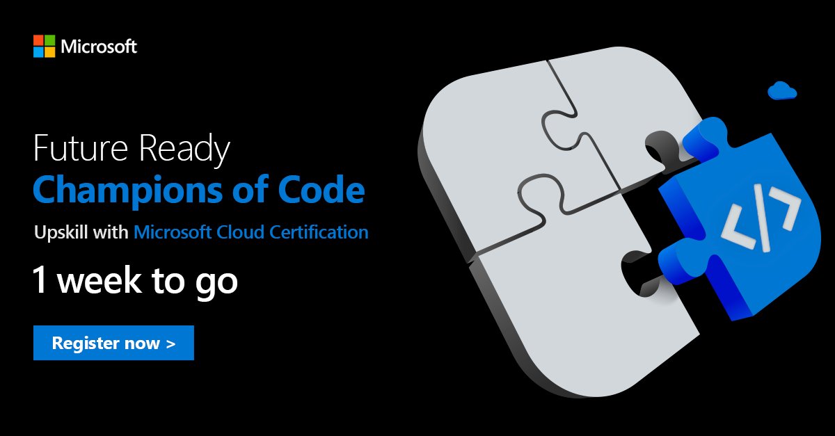 MicrosoftIndia's tweet photo. Only 1 week to go for the Microsoft #FutureReady #ChampionsOfCode. If you’ve taken a new, or renewed your #MicrosoftCloud certification post December 1, 2022, leave your details and stand to win big. https://t.co/u636TWrGOh https://t.co/0RAdbQaC0U