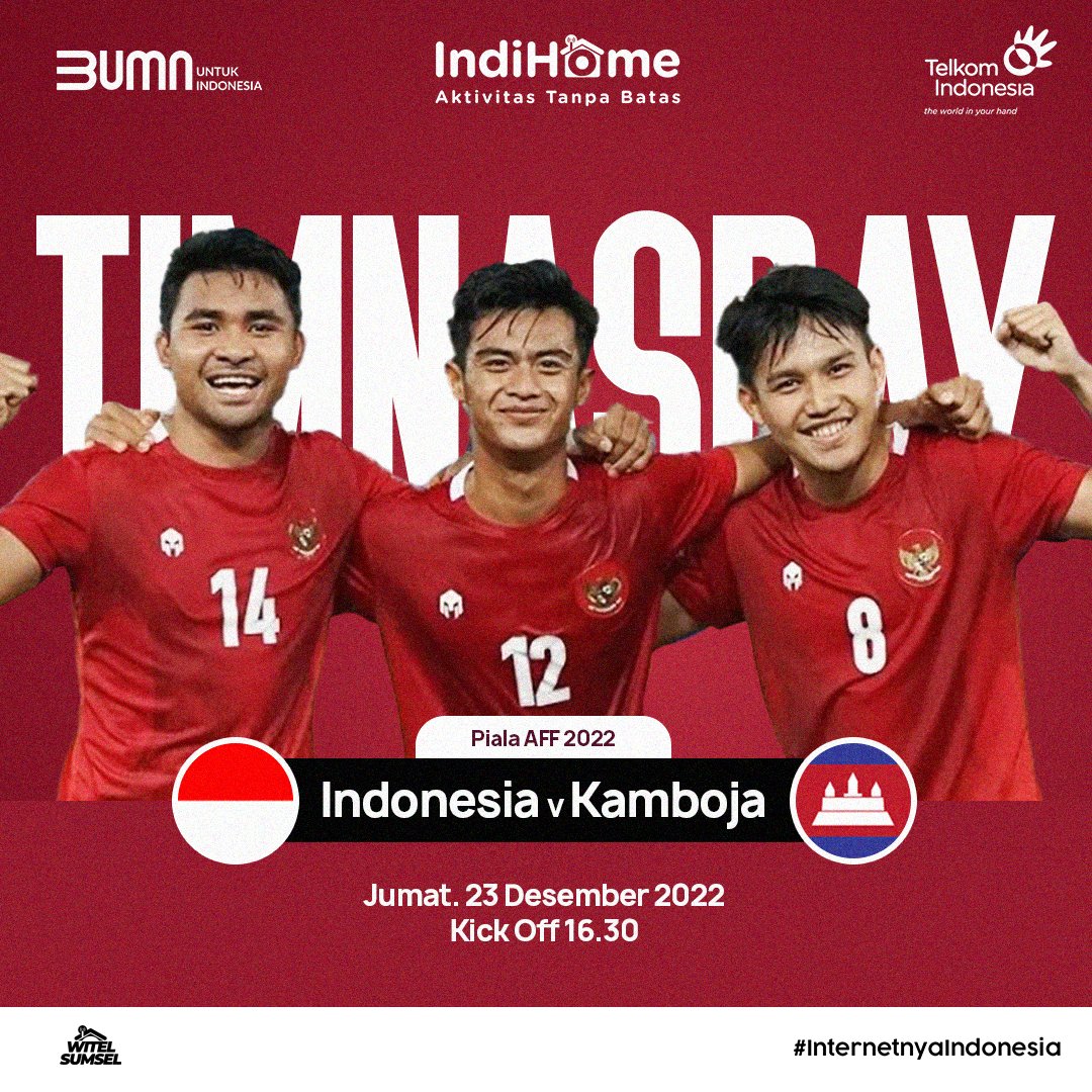 witelsumsel's tweet photo. Kemenangan pertama WAJIB DIDAPATKAN 🔥🔥

Ayo dukung TIMNAS INDONESIA yang akan bertanding melawan KAMBOJA semoga Indonesia bisa mendapatkan hasil yang baik dan memuaskan!

#IndiHome #WitelSumsel #GarudaBersatu #TimNasDay #AFF #TimMerahPutih https://t.co/gCQg4fOAvq