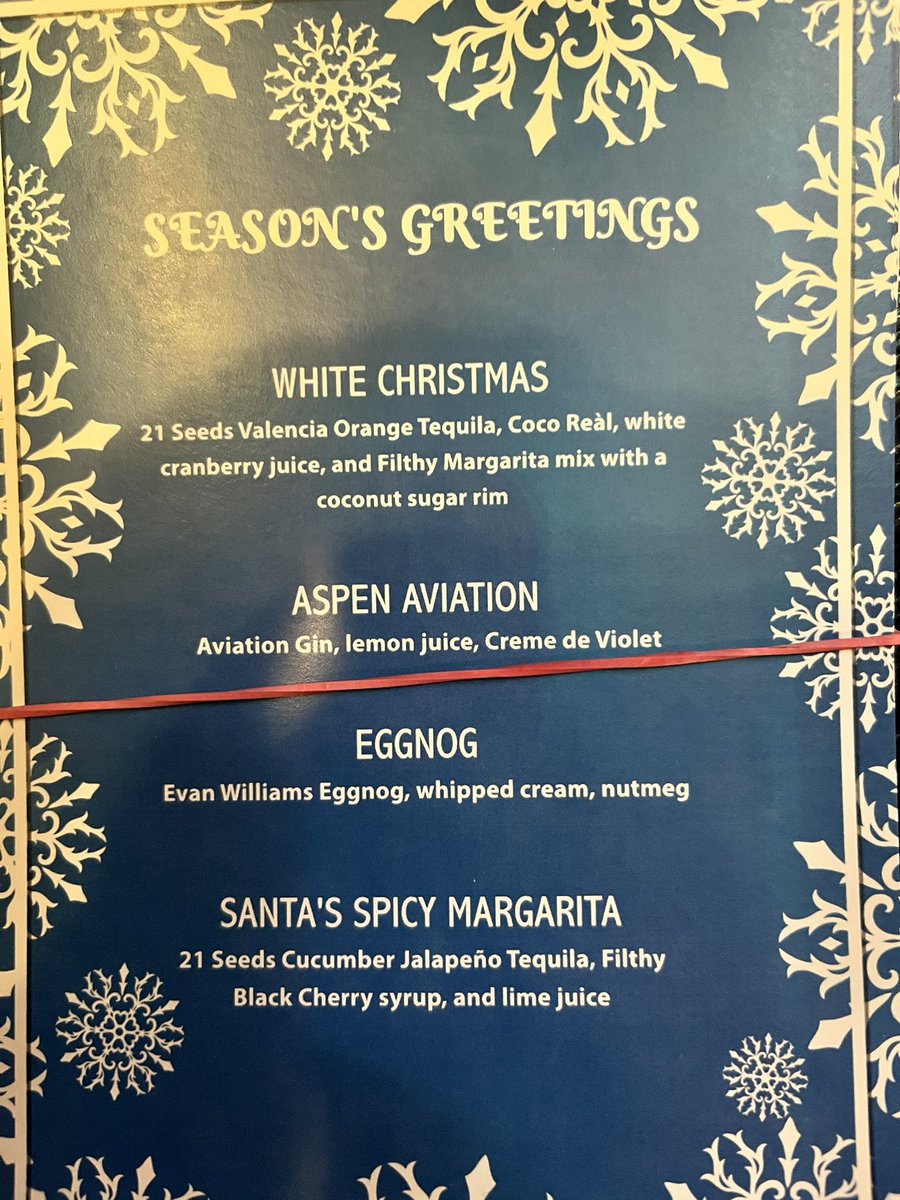 RichieBSmith's tweet photo. My holiday menu this year. Started 2 weeks ago and will be running this threw January. Missing an ingredient in the Aviation. (Luzardo) https://t.co/Nx9z3KyLZe