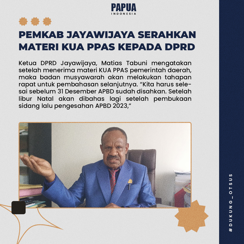 AdityoHidayatu2's tweet photo. Ketua DPRD Jayawijaya, Matias Tabuni mengatakan setelah menerima materi KUA PPAS pemerintah daerah, maka badan musyawarah akan melakukan tahapan rapat untuk pembahasan selanjutnya. #GlassOnion #LawanKKB https://t.co/lzCTIH7jtt