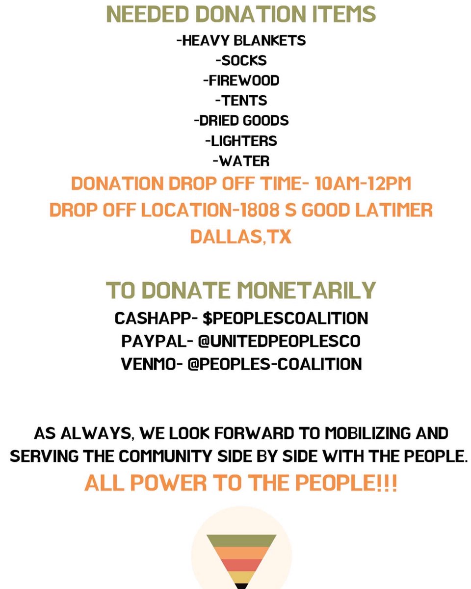 UPCDFW's tweet photo. Help us mobilize for the winter temperature drop here in the North Texas area. We could use your help both physically and monetarily. Join us tomorrow and help to serve those that need it most. ALL POWER TO THE PEOPLE!!! https://t.co/bL1aIYtRkI