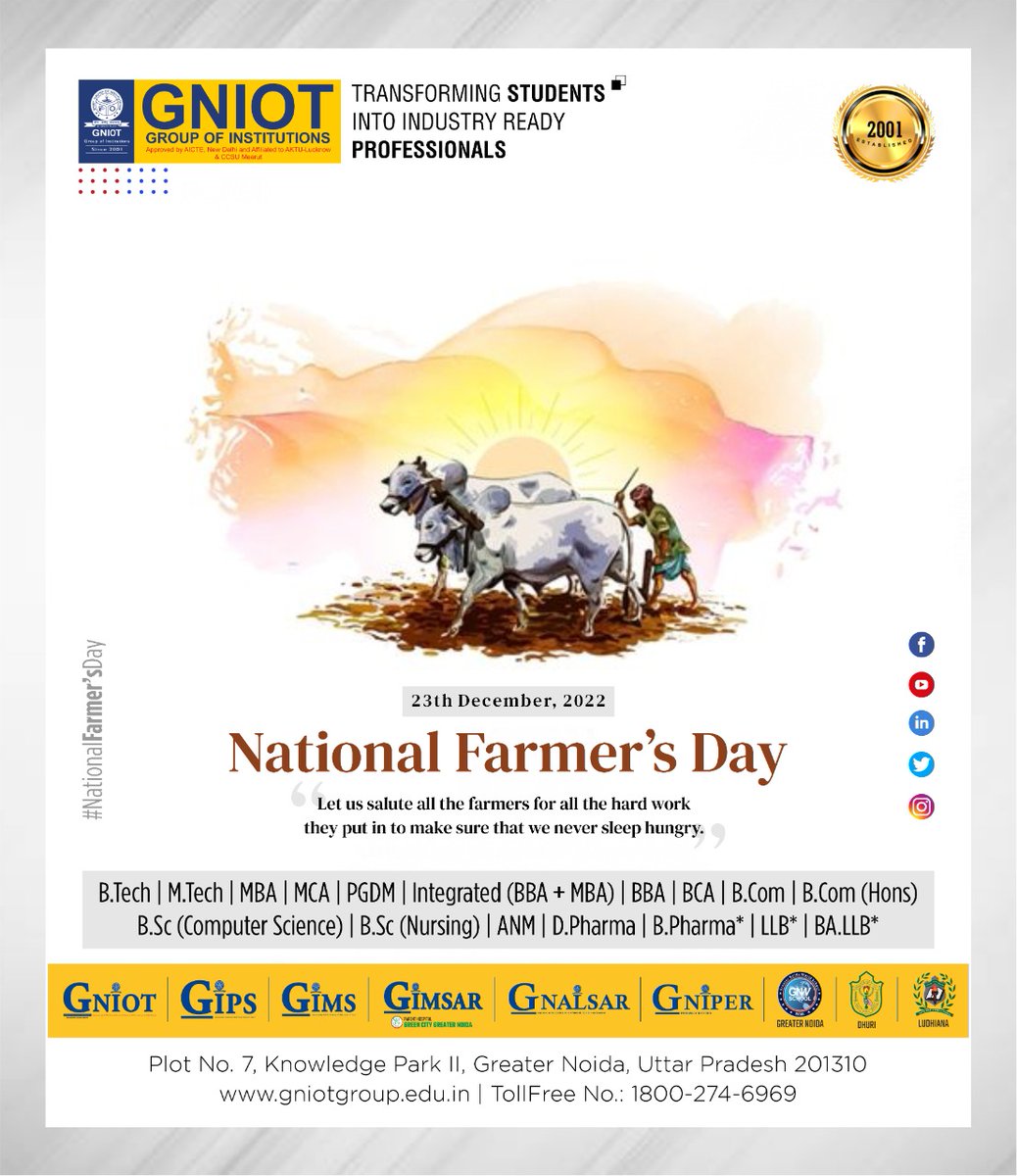 GNIOTCollege's tweet photo. “Let us take inspiration from Indian farmers who put their sweat and soul in their land and crop…. Best wishes on Farmer’s Day.” Kisan Diwas!!
Visit our Website: https://t.co/1UznvJ7WDG
#KisanDiwas #FarmarsDay #Indianfarmers #Kisan #GNIOT #GIMS #GNIOTMBA #GNIOTIPS https://t.co/yFOZ9qPLCi
