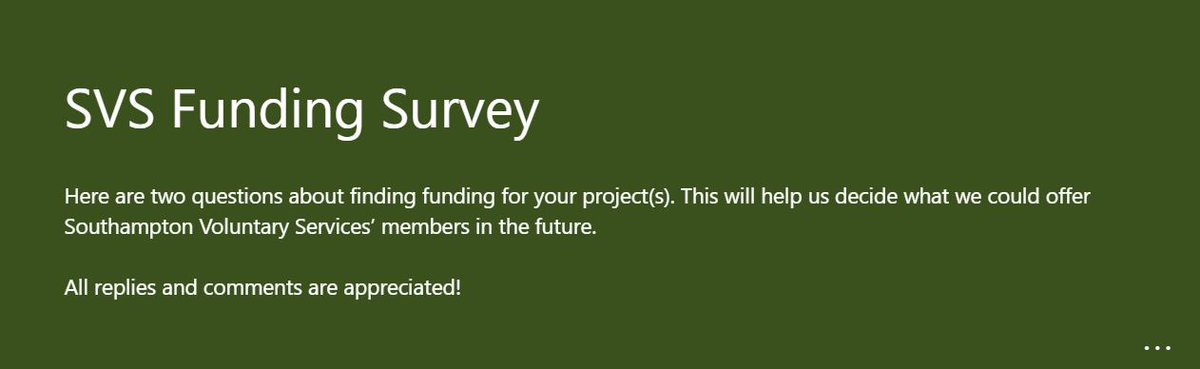 SVS Funding Service: If you have any thoughts about your funding needs, challenges or opportunities, or those of groups you work with or support, please complete this questionnaire. The link is here: ow.ly/bki250M9g9T
<a href="/S0Linked/">SOLinked</a> <a href="/SouthamptonCC/">SouthamptonCC</a>