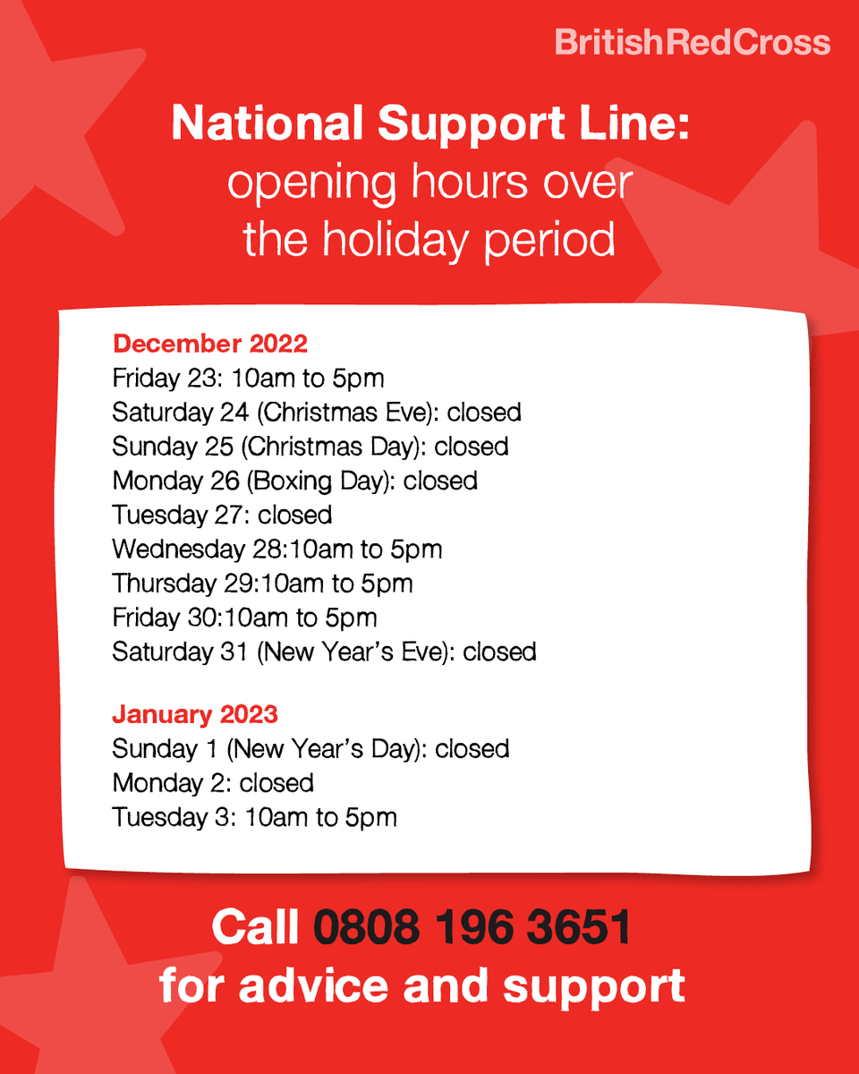 BritishRedCross's tweet photo. If you need to reach us over the festive period, take a look at our support line opening times. ☝️

Our lovely team will be on the end of the line to listen, and point you in the right direction of help. Just call 0808 196 3651 to get through to them. ⬇ https://t.co/MwdgTLD1G5