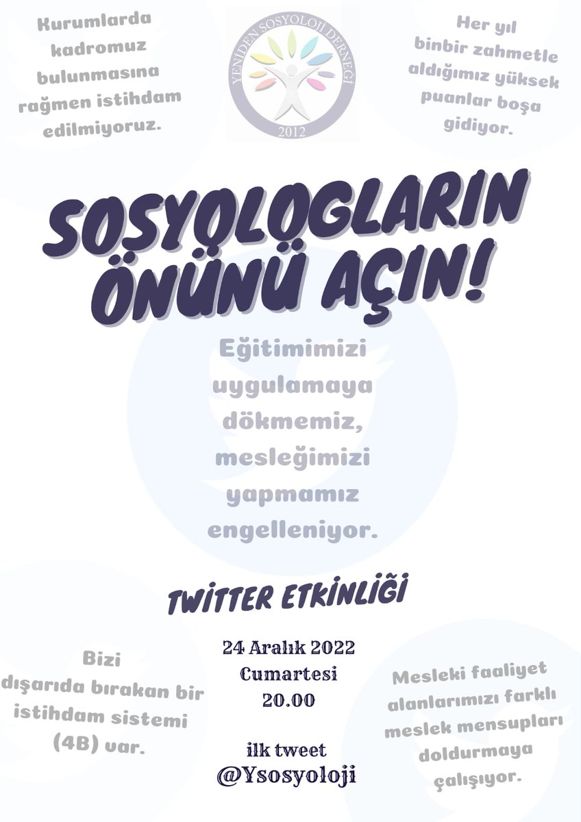 Bütün sosyoloji mensuplarını (öğrenci, mezun, memur, yönetici, akademisyen) şu👇 etkinliğe çevre eş dostla birlikte katılmaya bekliyoruz. Duyuruyu da bugünden iyice yaymanız rica olunur. 
#SosyolojiyeDeğer