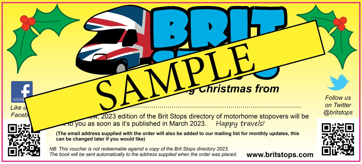 Only 1 day left for those Xmas present purchases! If you know a motorhomer why not go for a Brit Stops voucher for the 2023 book? We'll email it to you so you can print it off and present on the day, then send the book to the address supplied in March. britstops.com