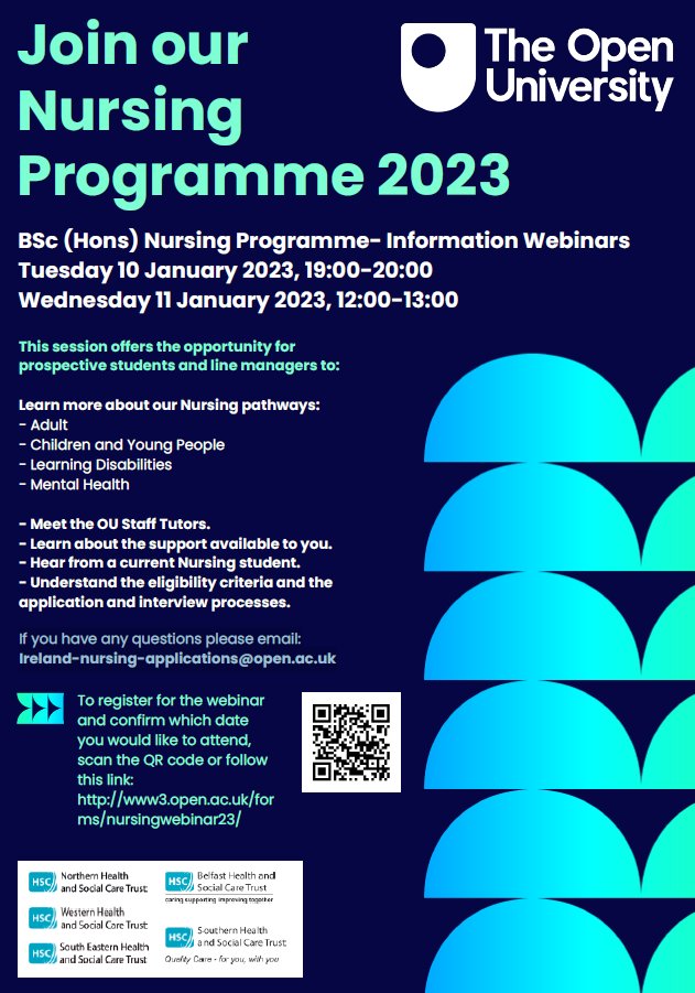 Thinking of a career in Nursing? Do you currently work in health care? You could gain a BSc (Hons) degree in Nursing with the @OpenUniversity. Information Webinars 👉Tuesday 10 January 2023, 19:00-20:00 👉Wednesday 11 January 2023, 12:00-13:00 Register:www3.open.ac.uk/forms/nursingw…