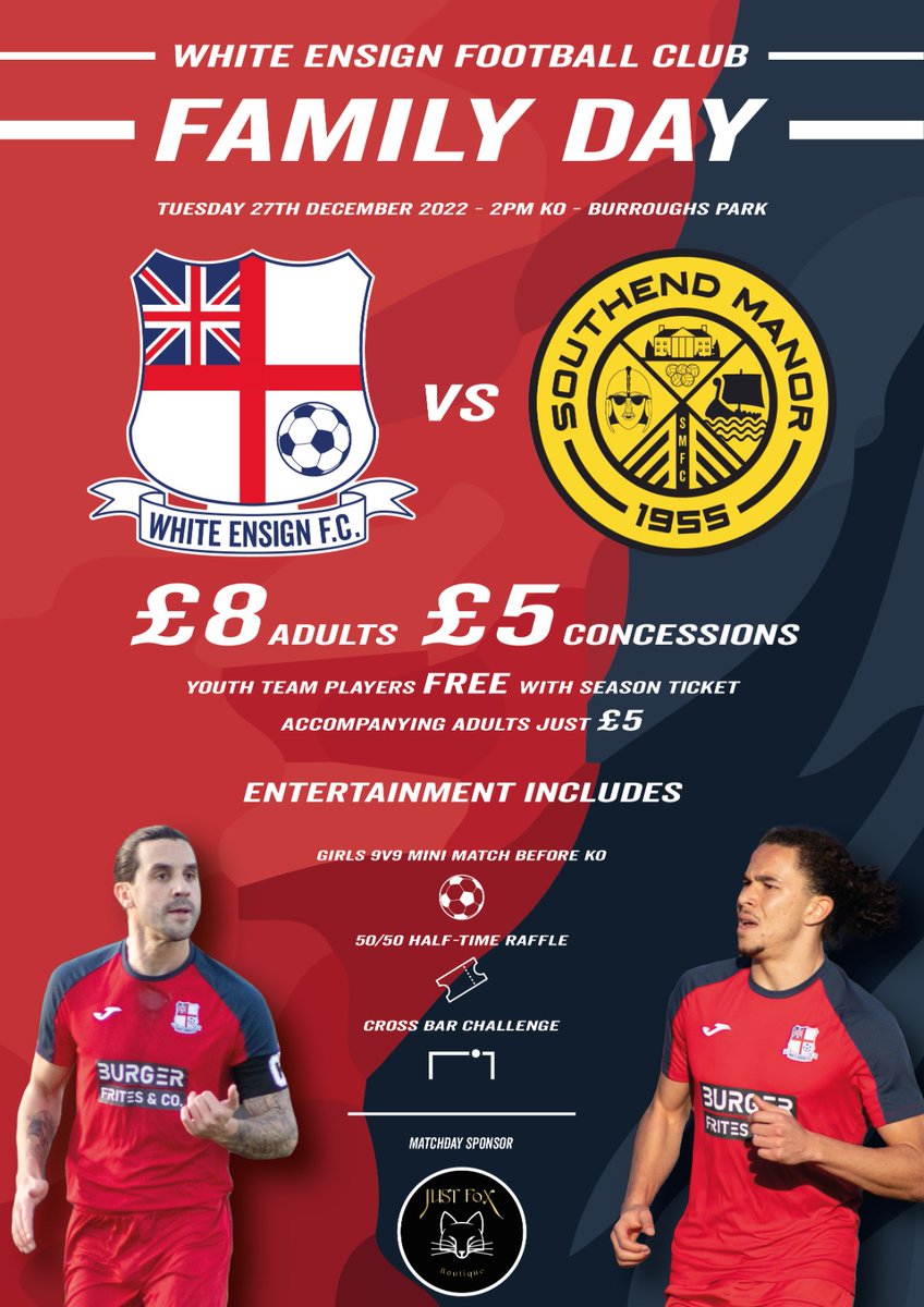 Family day! 🙌🏻

Our last game of the 2022 as we take on <a href="/SouthendManorFC/">Southend Manor FC</a> 

We are hopeful of a good turn out and have a few fun things planned! 

All retweets and likes are hugely appreciated 🙌🏻 let's get our biggest attendance of the season! 

<a href="/EssexCountyFA/">Essex County FA</a> <a href="/EssexSenior/">Essex Senior League</a>