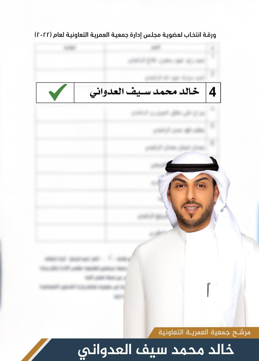 aladwaniNews's tweet photo. هدفنا الريادة 

مرشحكم/ خالد محمد سيف العدواني

لإنتخابات جمعية العمرية التعاونية

 موعد الإنتخابات يوم الاحد 2022/12/25

 بمدرسة العمرية الابتدائية للبنات 

 التصويت بالبطاقة المدنية الأصلية https://t.co/YOM5rlOp2c