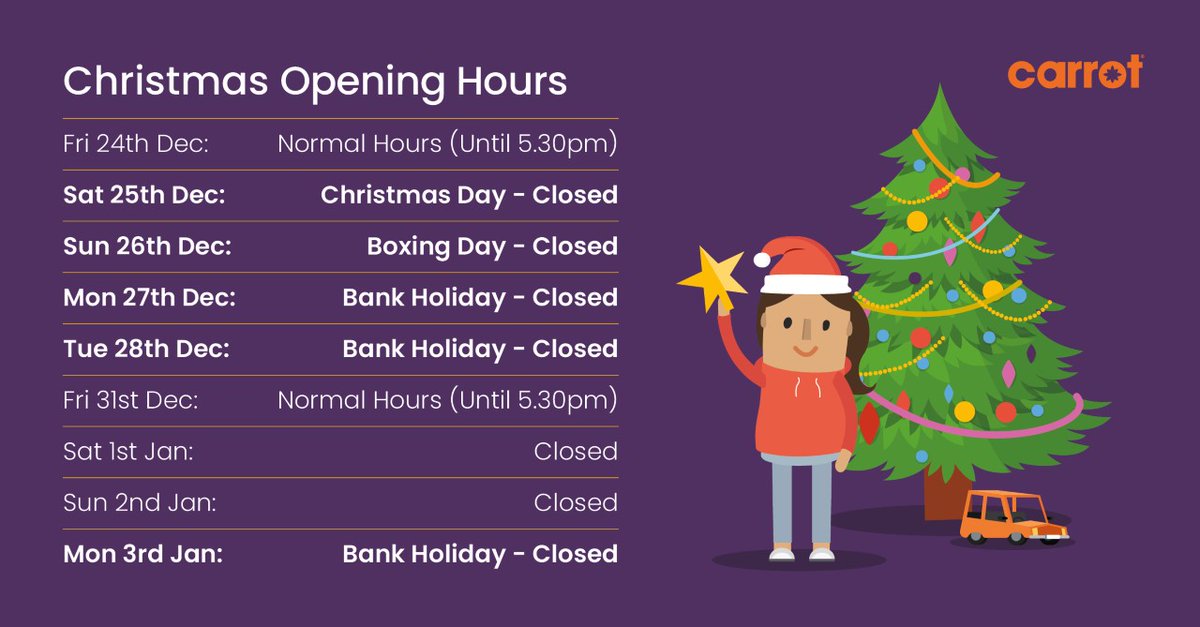 We want to wish all our customers a very Merry Christmas and a Happy New Year! 🎅🎁🌲 
Please see our opening hours below during the festive period. 👇
#merrychristmas #christmas #newyear #carrotinsurance