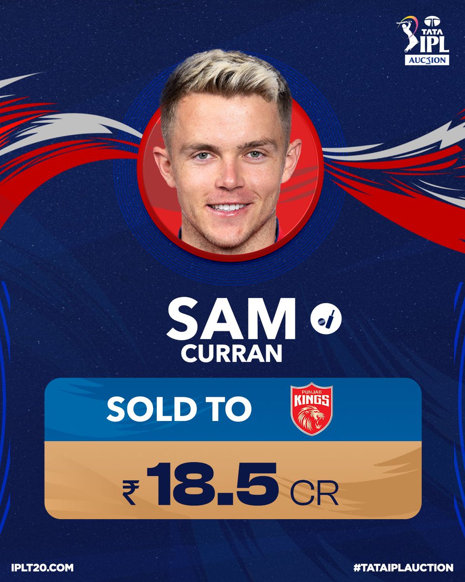 Record Alert 🚨 Sam Curran 𝙗𝙚𝙘𝙤𝙢𝙚𝙨 𝙩𝙝𝙚 𝙢𝙤𝙨𝙩 𝙚𝙭𝙥𝙚𝙣𝙨𝙞𝙫𝙚 𝙥𝙡𝙖𝙮𝙚𝙧 𝙚𝙫𝙚𝙧 𝙩𝙤 𝙗𝙚 𝙗𝙤𝙪𝙜𝙝𝙩 𝙞𝙣 𝙄𝙋𝙇! He goes BIG 🤯- INR 18.50 Crore & will now play for Punjab Kings 👏 👏 #TATAIPLAuction | @TataCompanies