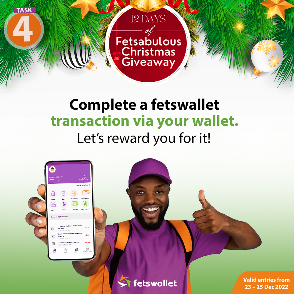 You stand a chance to win N20,000! Do at least one transaction on your fetswallet app, share a screenshot of a successful transaction and use the hashtag #12DaysofFetsabulousChristmas. Ensure you follow @festwallet. Winners will be selected randomly and announced on 29 Dec. 2022