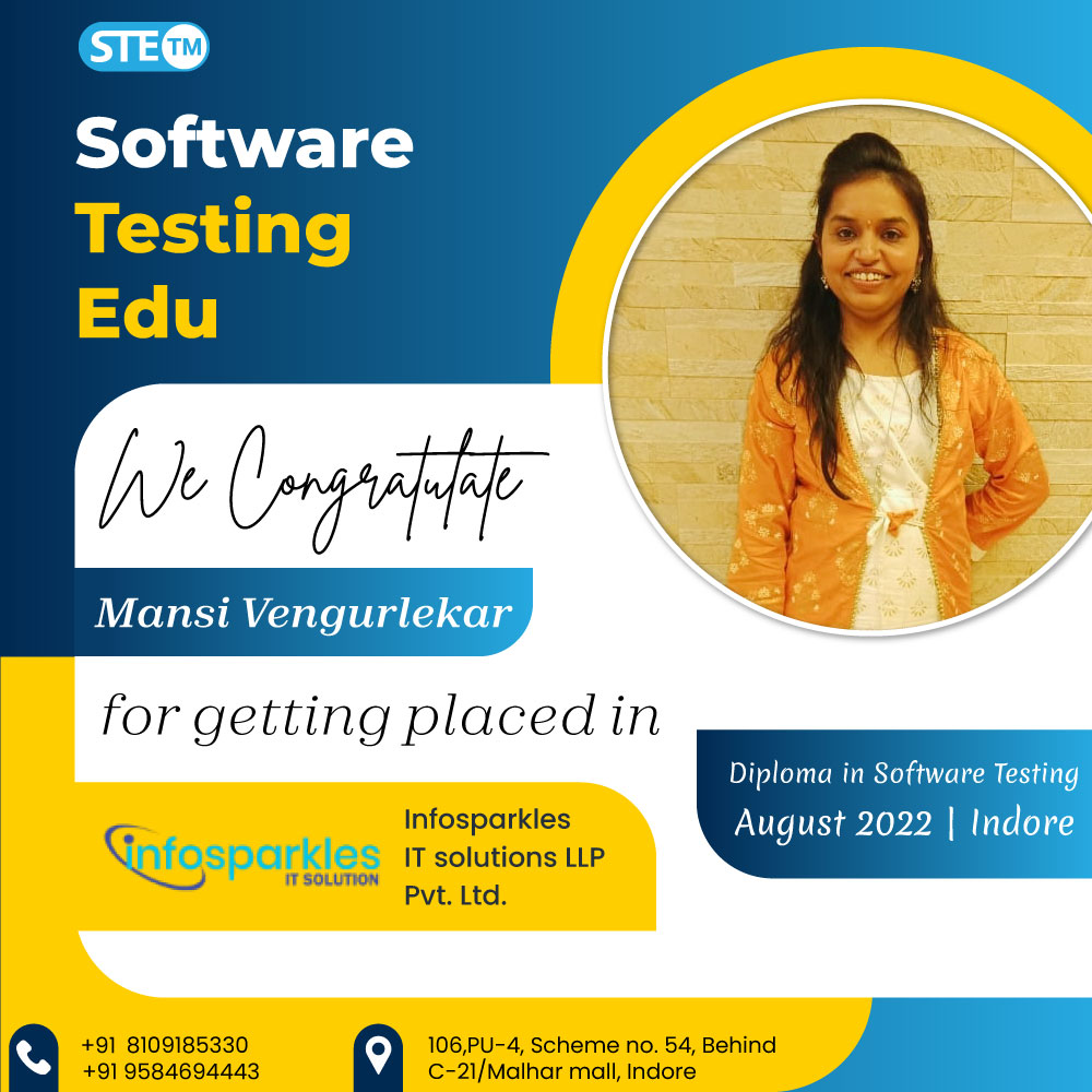 testing_edu's tweet photo. STE wishes the heartiest congratulations to Mansi Vengurlekar for getting placed at Infosparkals IT Solutions LLP.

#ste #placement #studentplacement #softwaretestingtraining #softwaretestingplacement #testingplacements #congratulations #blessings #goodwishes #goodopportunity https://t.co/UDITcTxIxV