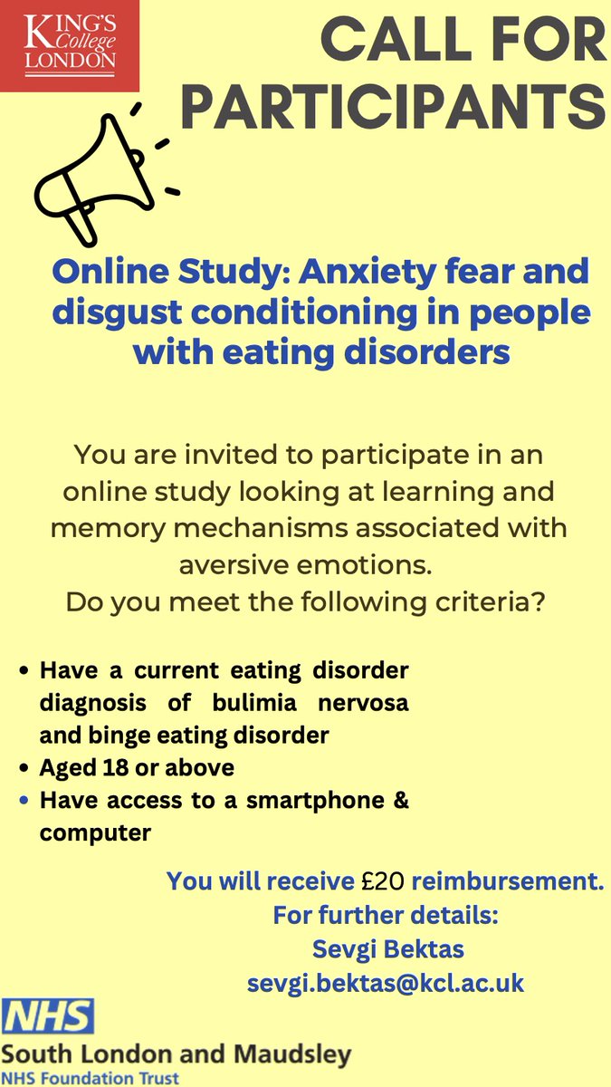 📣📢 We are currently recruiting people with a diagnosis of bulimia nervosa or binge eating disorder for an online study looking at the role of anxiety, fear and disgust in eating disorders! Participation takes up to 2 hours in total.

Contact: sevgi.bektas@kcl.ac.uk <a href="/sevgibektss/">Dr Sevgi Bektas-Dag</a>
