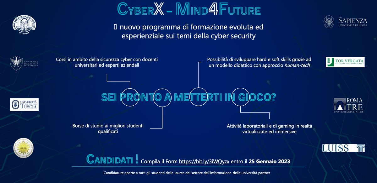 UniLUISS's tweet photo. Luiss partecipa al programma di formazione evoluta ed esperienziale sulla cybersecurity "CyberX-Mind4Future", organizzato da Cyber 4.0 e Leonardo Cyber &amp; Security Solutions. Candidati entro il 25 gennaio https://t.co/JGrxXXbzGs https://t.co/HroR1JSzYr