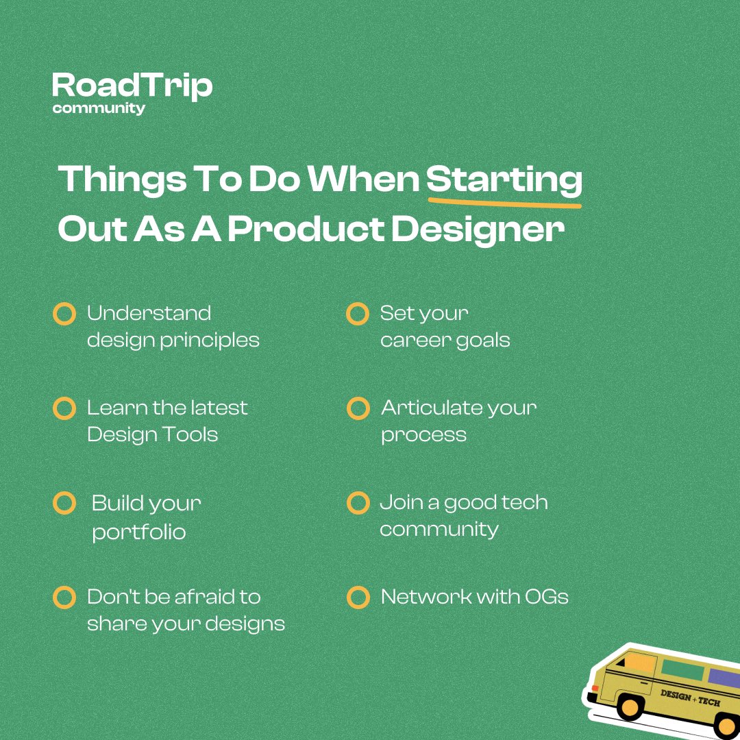 roadtripcomm's tweet image. Ever wondered what you need to start a career in product design? Here are few tips to guide you through.

#productdesigntips #techcommunity #bestcommunityever #africa #globaltechcommunity